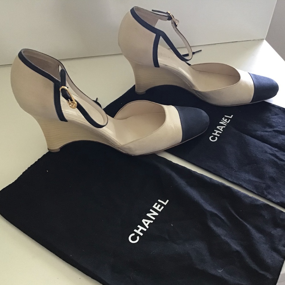 Chanel Beige with black/navy  sling back
